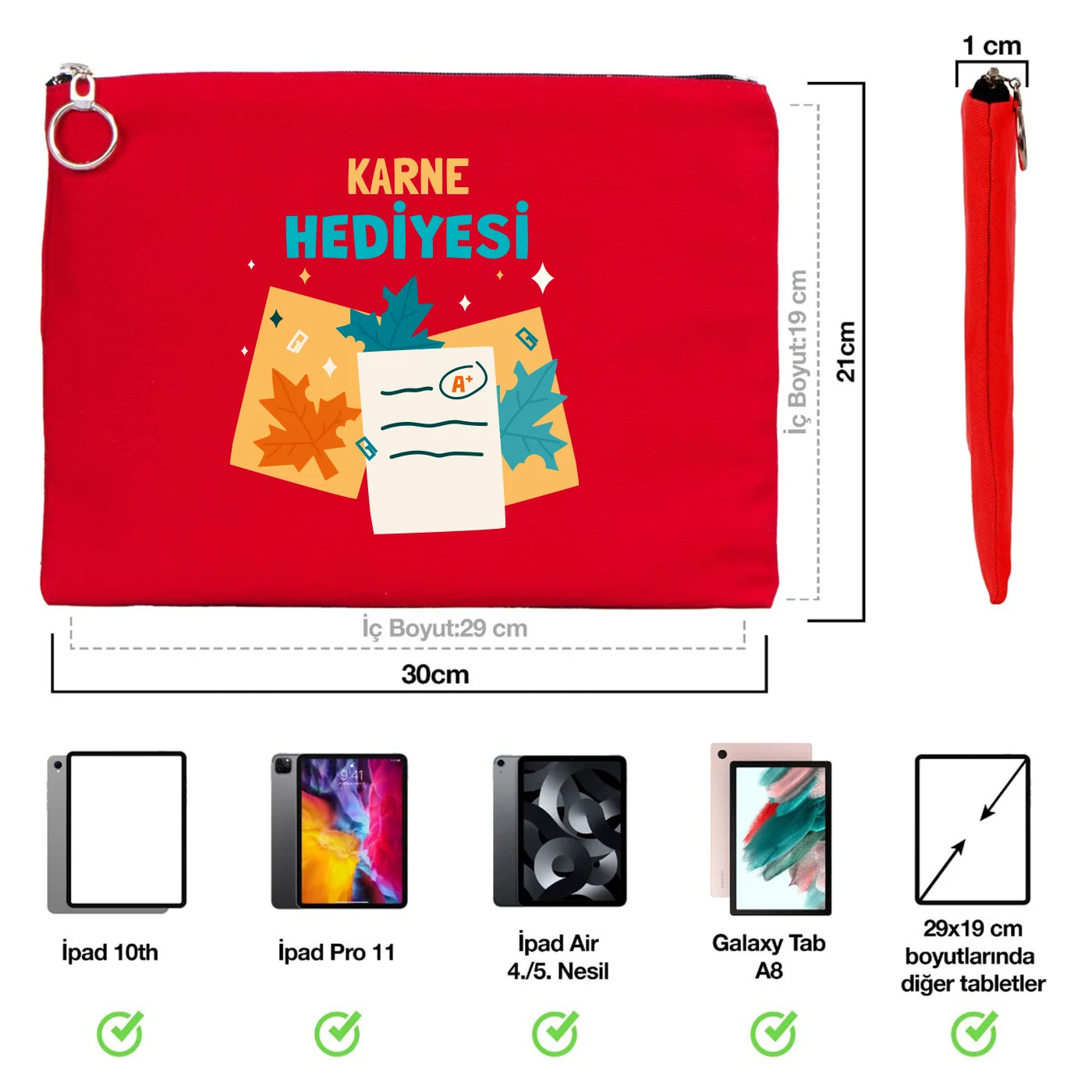 Kırmızı karne günü temalı portföy çanta 30×21 cm, okul figürlü ve özelleştirilebilir karne hediyesi tasarımı
