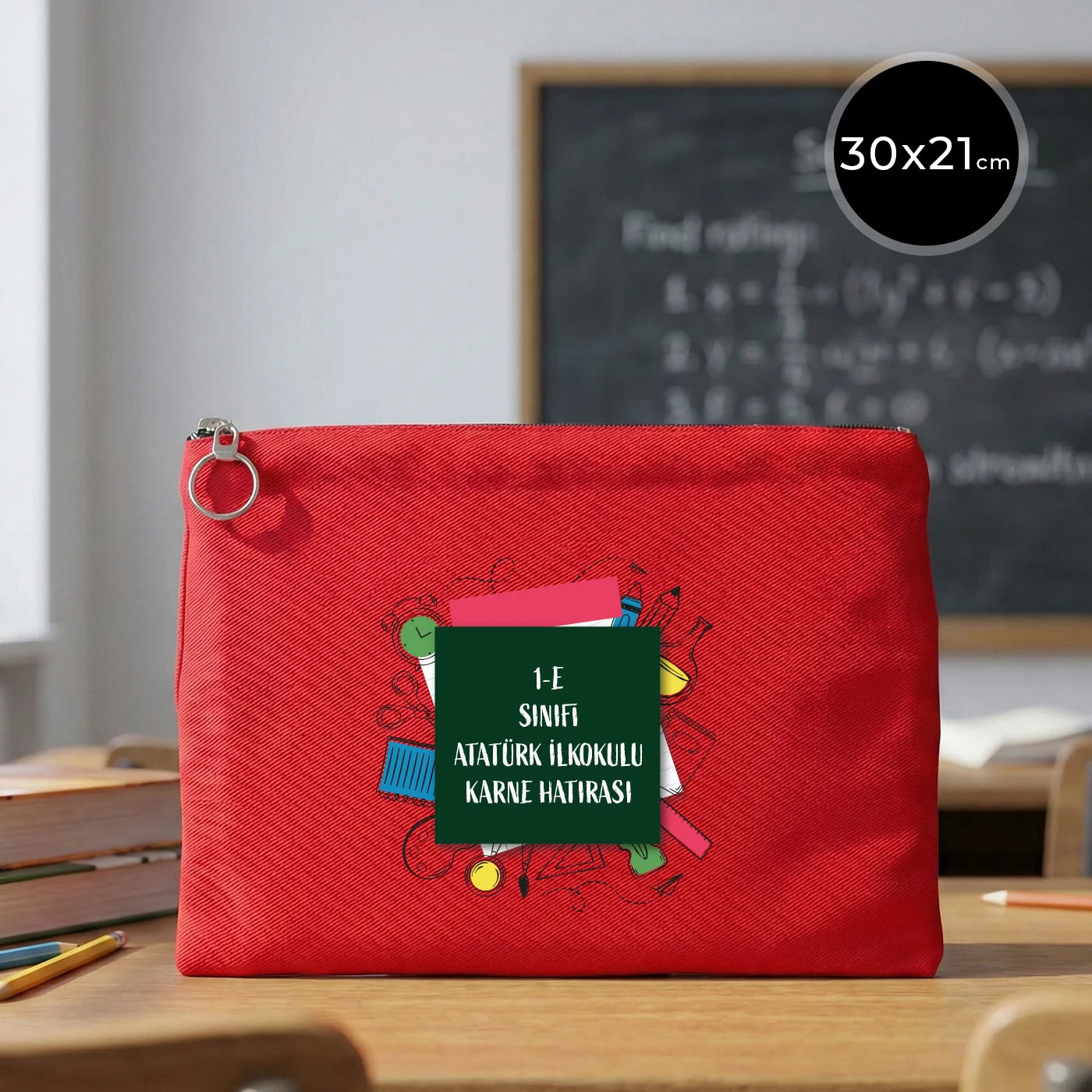 Kırmızı karne günü temalı portföy çanta 30×21 cm, okul figürlü ve özelleştirilebilir karne hediyesi tasarımı