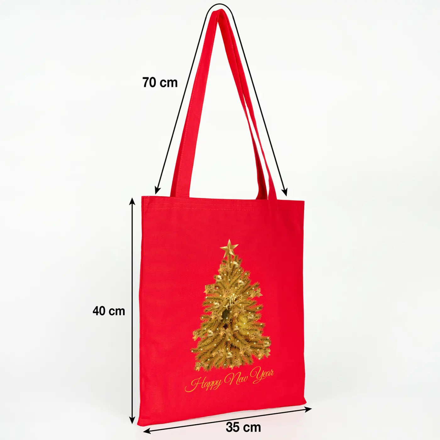 Kırmızı kanvas yılbaşı çantası – gold çam ağacı baskılı hediye çantası 35x40cm