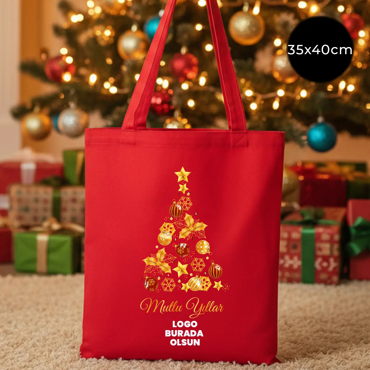 Kırmızı kanvas yılbaşı çantası – gold çam ağacı baskılı hediye çantası 35x40cm
