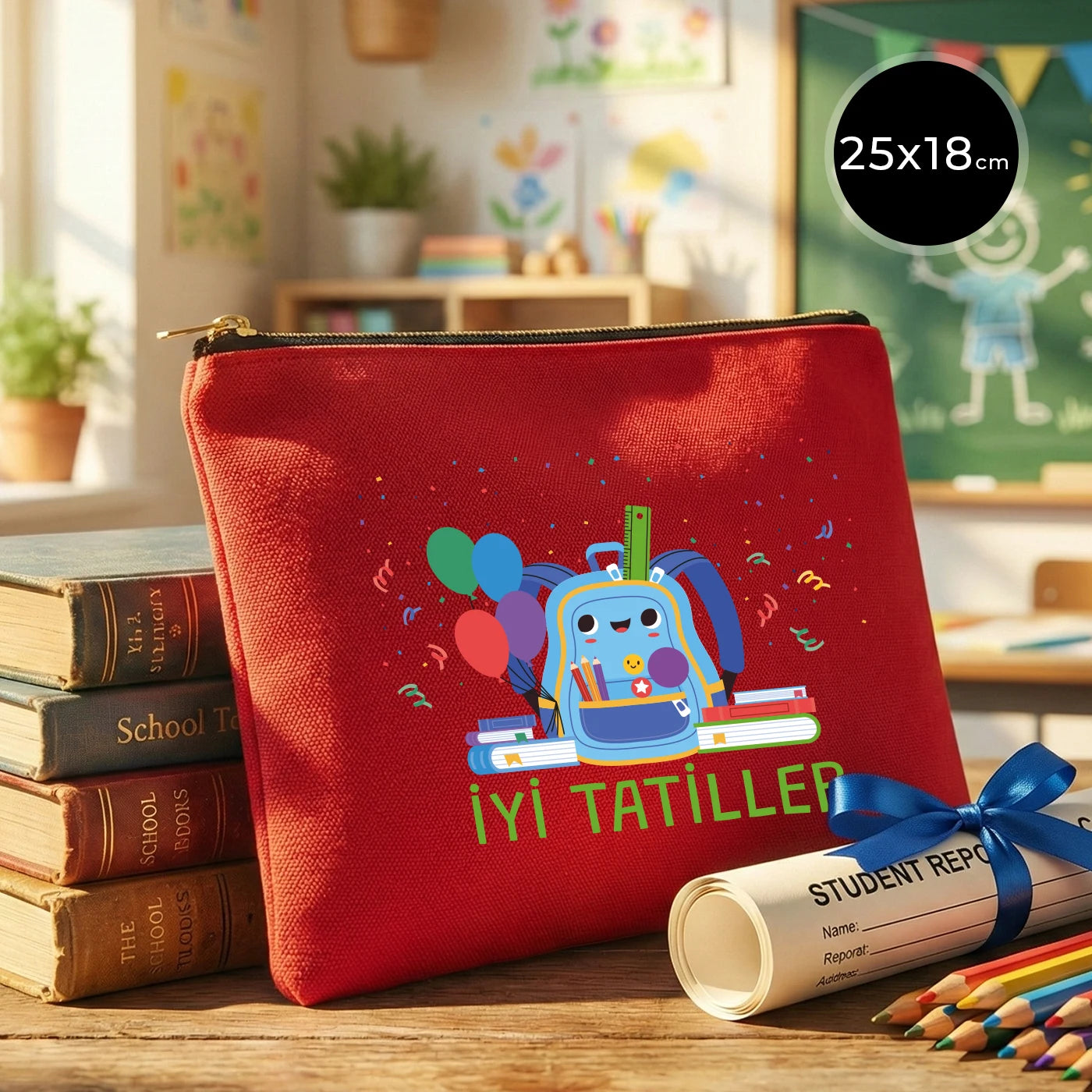 Kırmızı karne günü temalı Prime clutch çanta, okul figürlü ve özelleştirilebilir karne hediyesi tasarımı