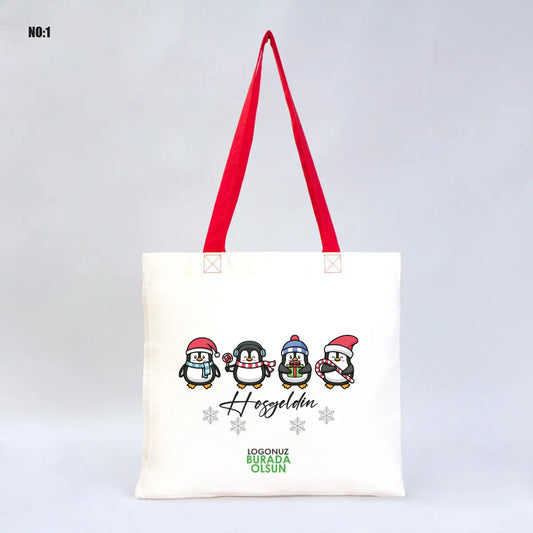 Yılbaşı Temalı Renkli Kulp Gabardin Çanta 40x35cm (Özelleştirilebilir)