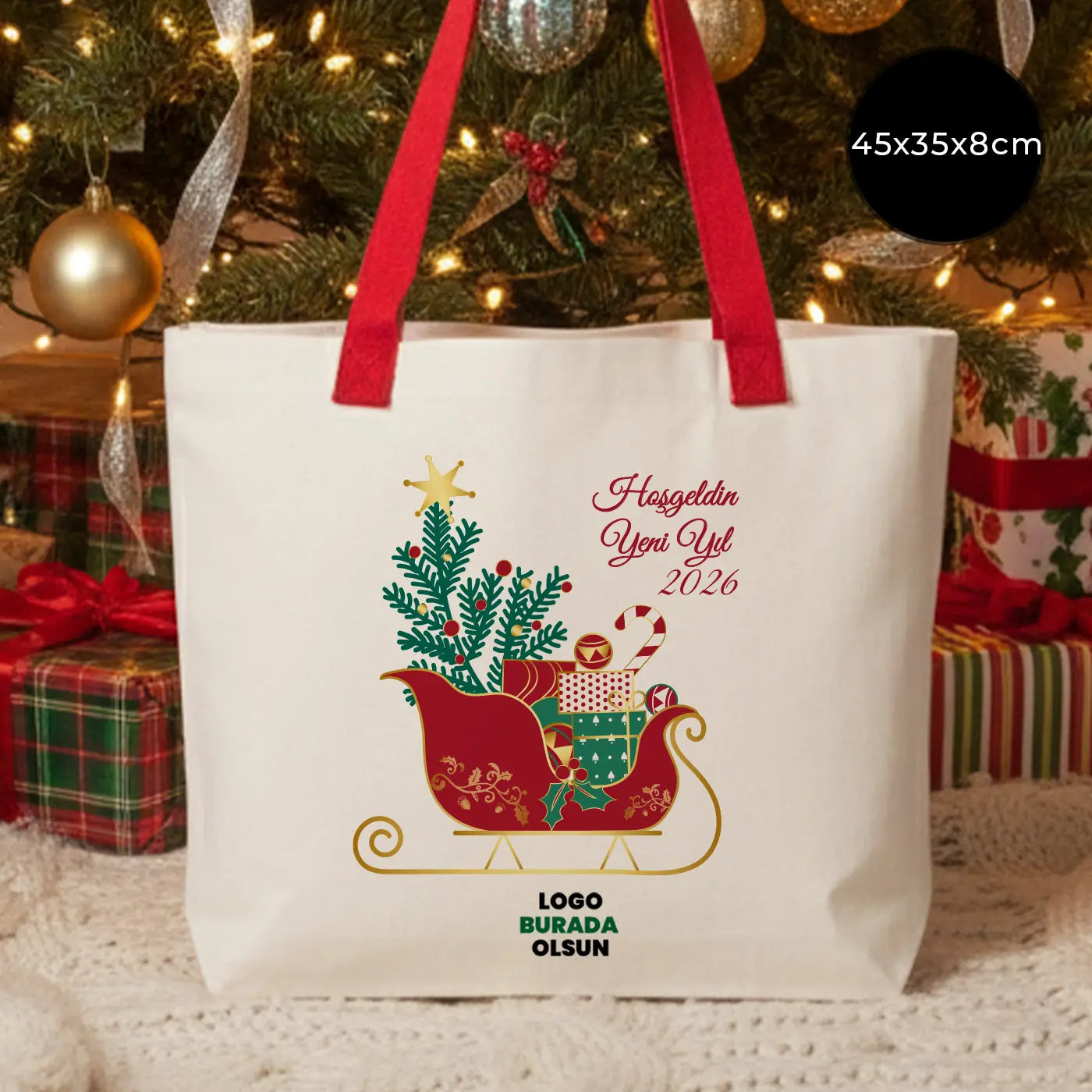 Yılbaş Özelı Modern Kanvas Çanta - Dıştan Renkli Örgü Kulp 45x35x8 cm (Özelleştirilebilir)