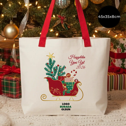 Yılbaş Özelı Modern Kanvas Çanta - Dıştan Renkli Örgü Kulp 45x35x8 cm (Özelleştirilebilir)