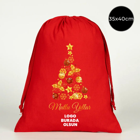 Kırmızı Yılbaşı Desenli Kese 35x40 cm (Özelleştirilebilir)