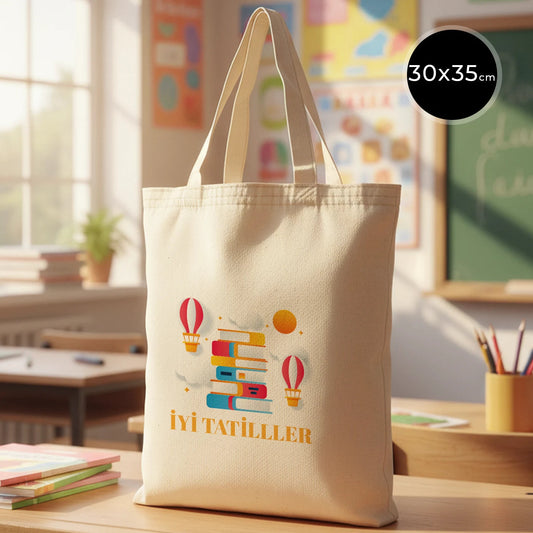 30×35 cm naturel kanvas çantanın ön yüzünde, ürün grubuna ait 18 farklı desen seçeneğinden biri bulunur.