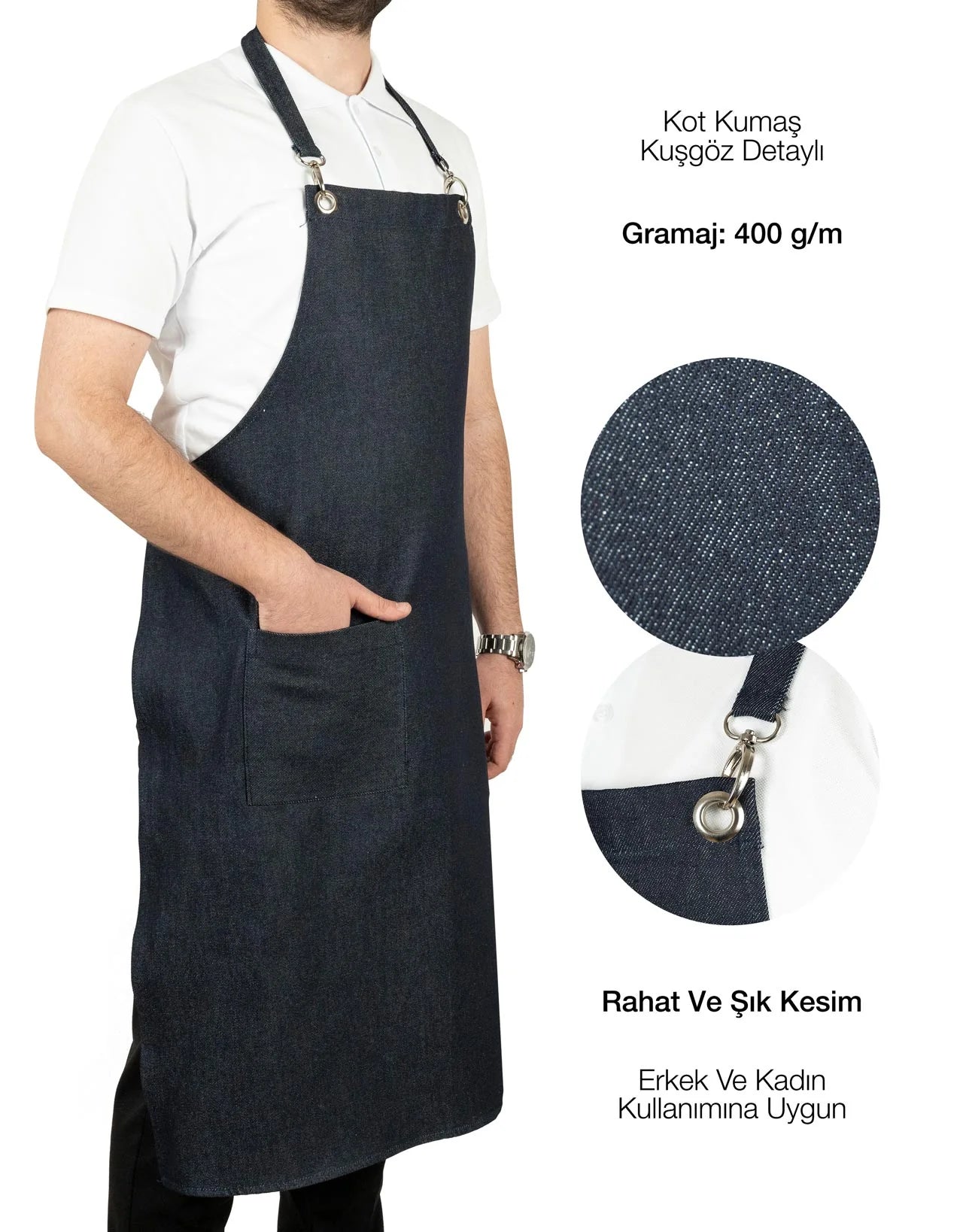 MasterChef Mutfak Önlüğü -  Koyu Mavi Denim Kumaş - detay görünüm