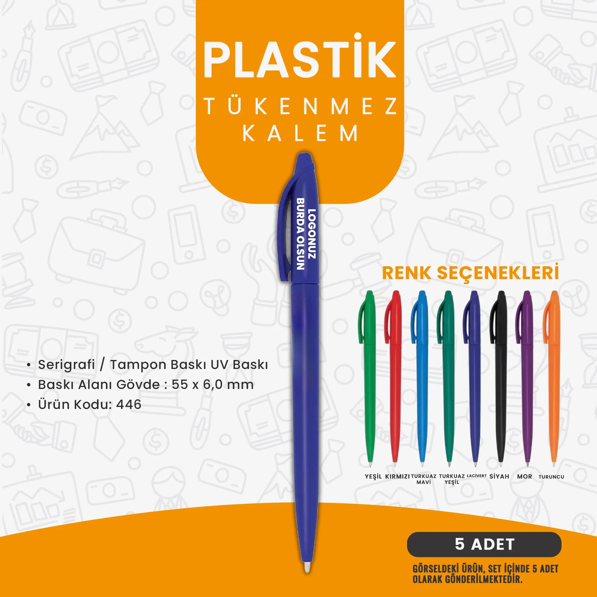 “Logo baskılı plastik tükenmez kalem; UV ve serigrafi baskıya uygun, çok renkli promosyon kalem modeli.”
