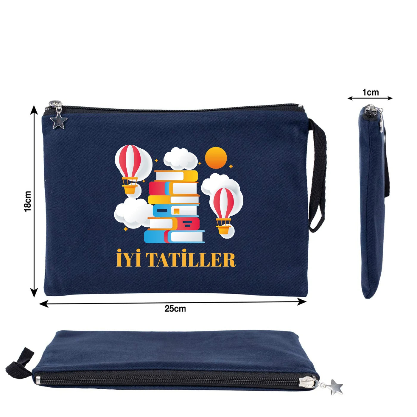 Lacivert karne günü temalı kanvas clutch çanta, okul figürlü ve özelleştirilebilir karne hediyesi tasarımı