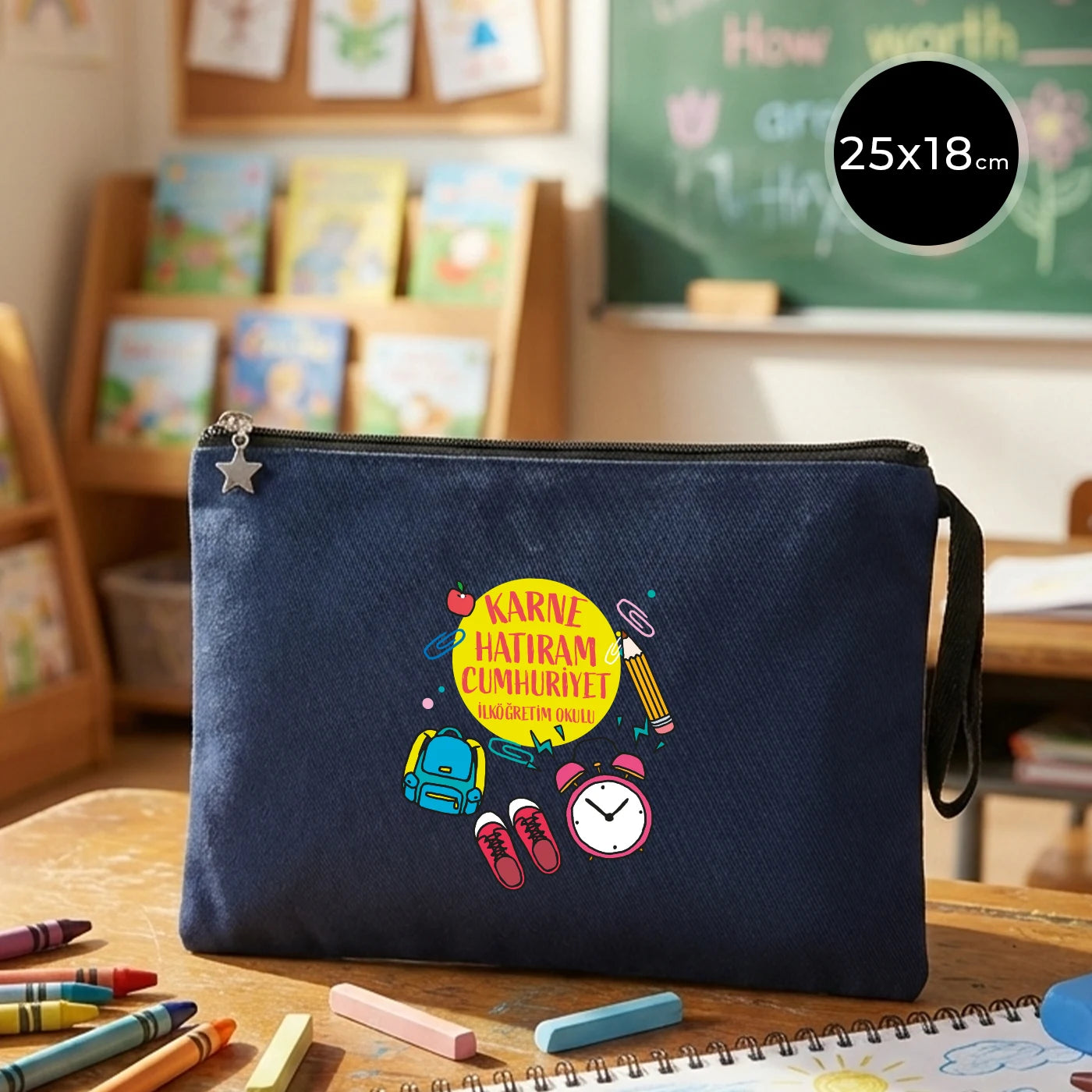 Lacivert karne günü temalı kanvas clutch çanta, okul figürlü ve özelleştirilebilir karne hediyesi tasarımı