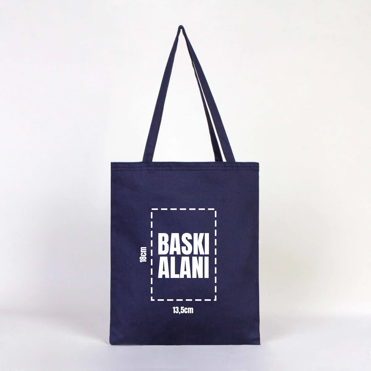35×40 cm lacivert kanvas çantanın ön yüzünde, ürün grubuna ait 18 farklı desen seçeneğinden biri bulunur.