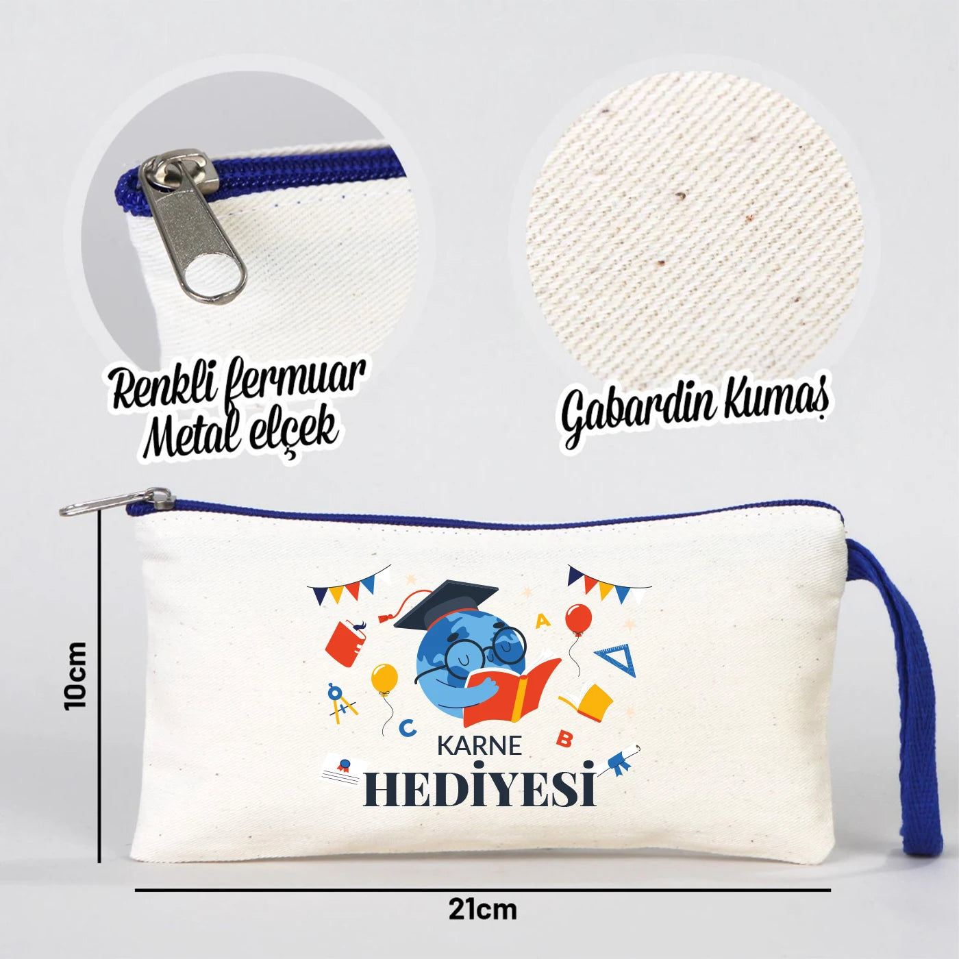 Karne Günü Baskılı Bez Kalemlik – Saks Mavi Fermuarlı