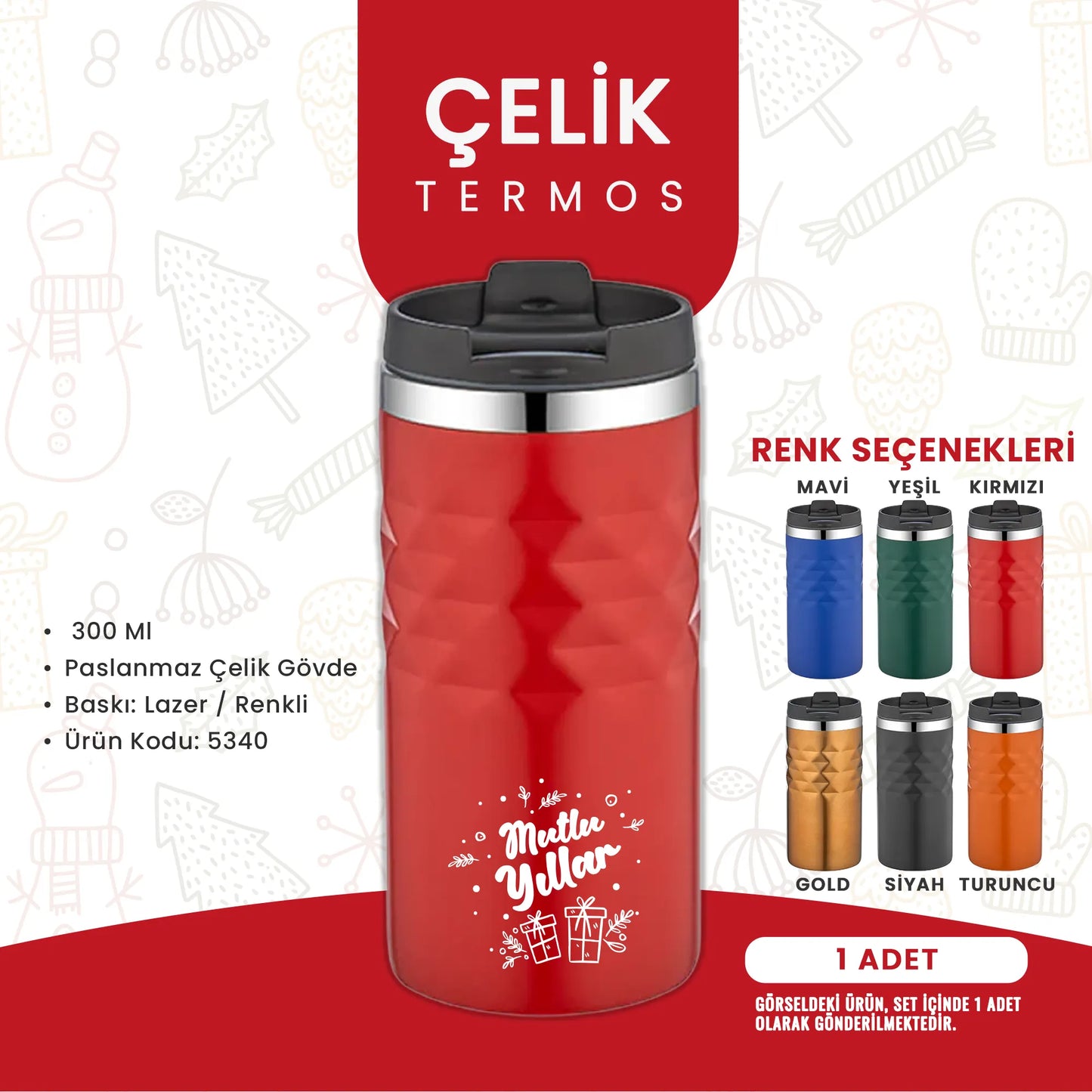 özel logo baskılı çelik termos; 300 ml paslanmaz çelik gövdeye sahip, lazer kazıma ve renkli baskı seçenekli kurumsal hediye termos modeli – şirket promosyonu ve ofis kullanımına uygun termos.