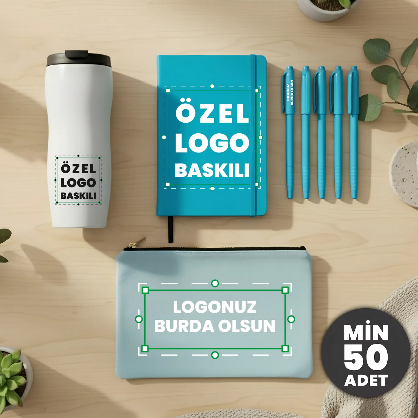  logo baskılı kurumsal hediye seti – defter, termos, clutch çanta ve kalemlerden oluşan özel baskılı promosyon seti