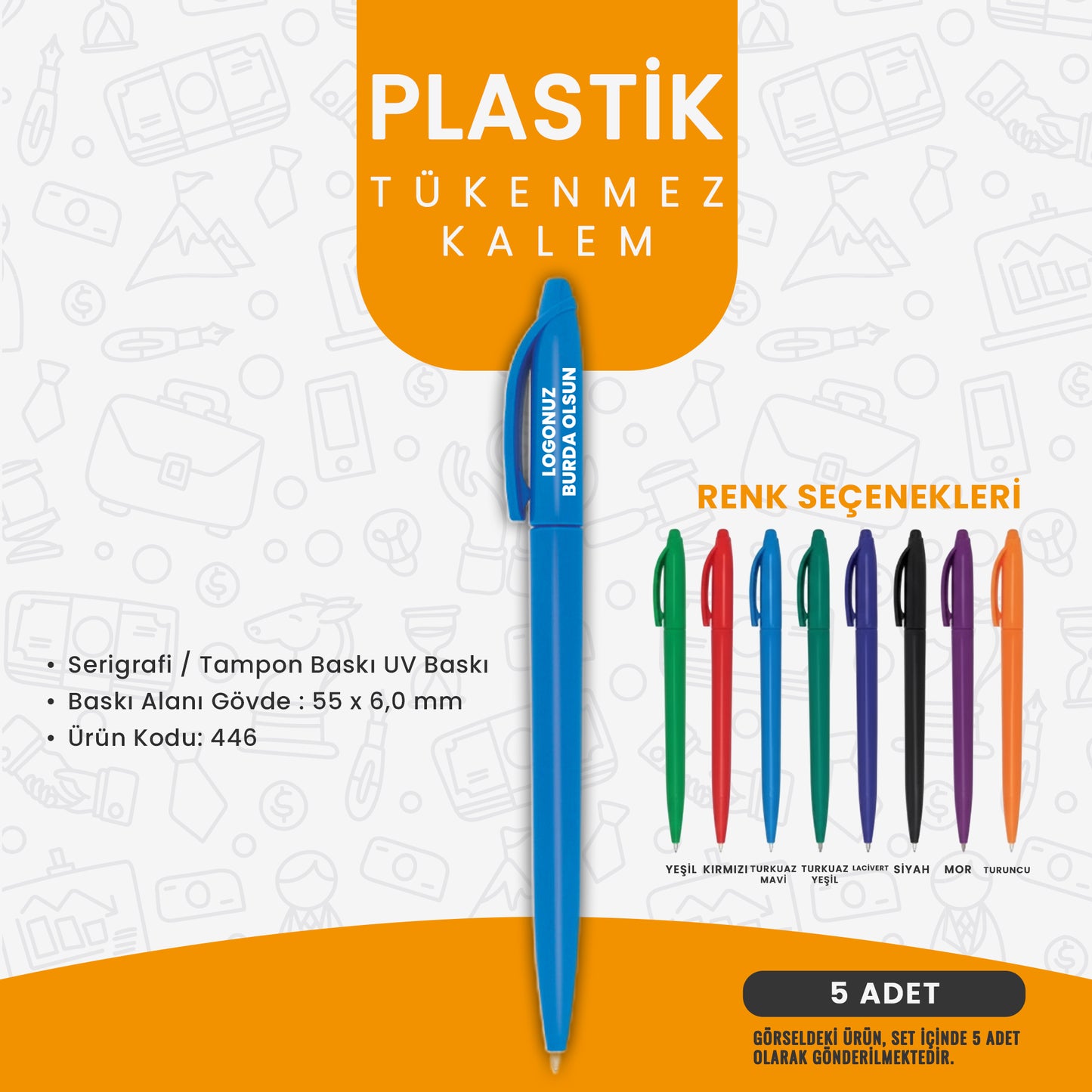 Logo baskılı plastik tükenmez kalem – UV baskı alanlı, 7 farklı renk seçeneğine sahip kurumsal hediye kalemi.