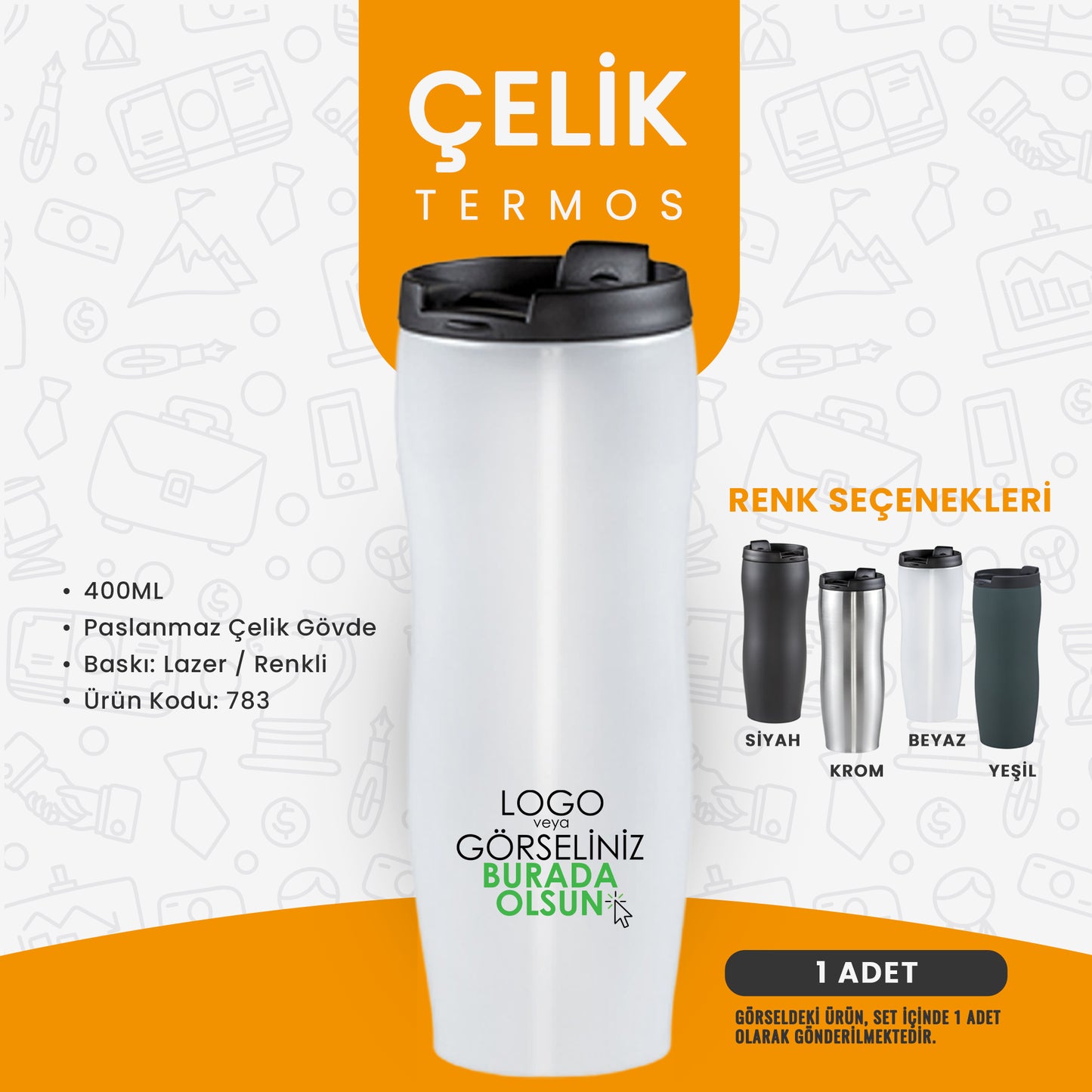 Logo baskılı çelik termos – paslanmaz gövde, lazer veya renkli baskı seçenekli kurumsal hediye termos.