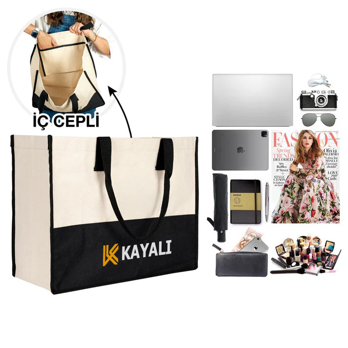 Elite Kanvas Bez Çanta, Plaj Çantası, Büyük Kapasiteli Alışveriş Çantası, 390gr, 45x35x19 cm (Özelleştirilebilir)