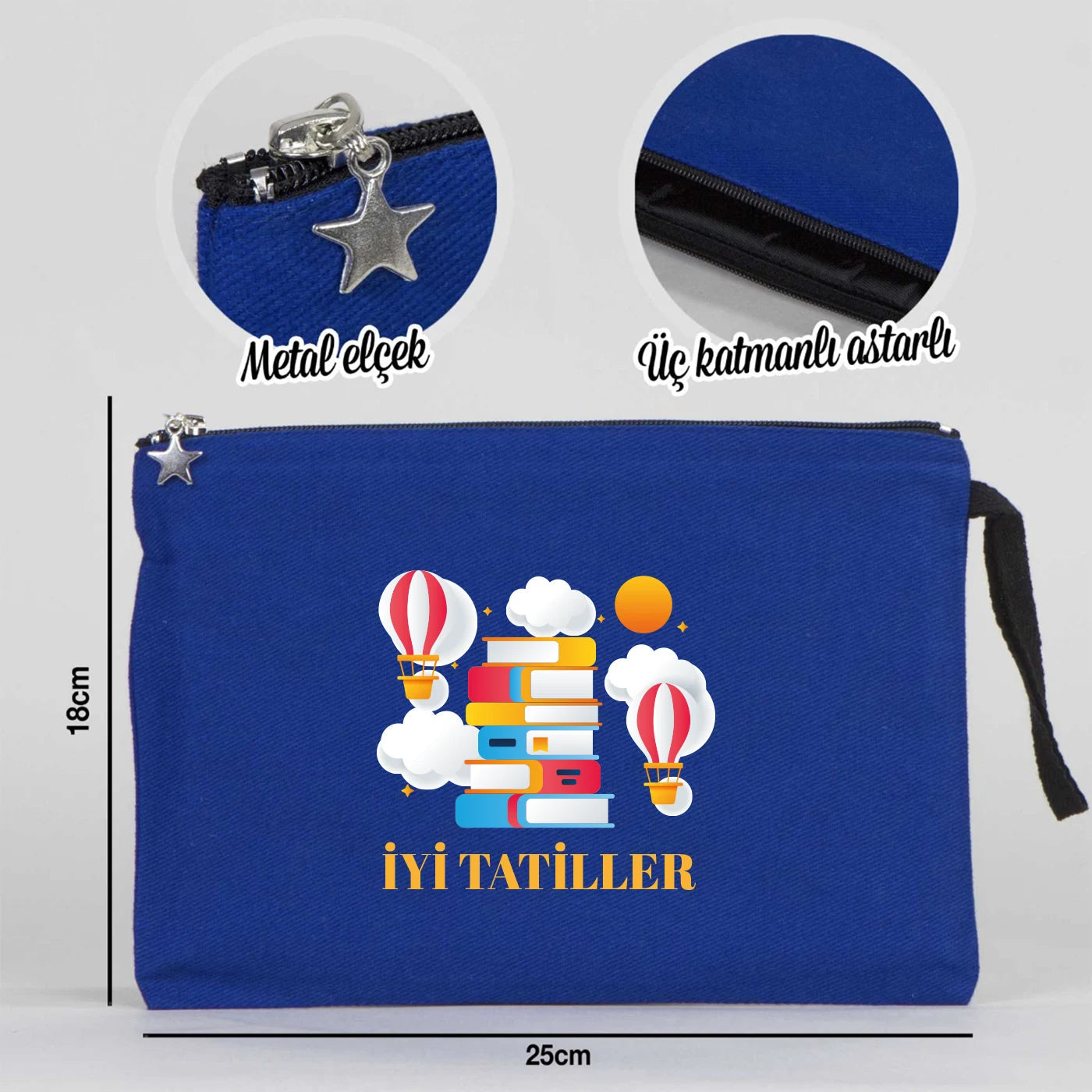 Mavi karne günü temalı kanvas clutch çanta, okul figürlü ve özelleştirilebilir karne hediyesi tasarımı