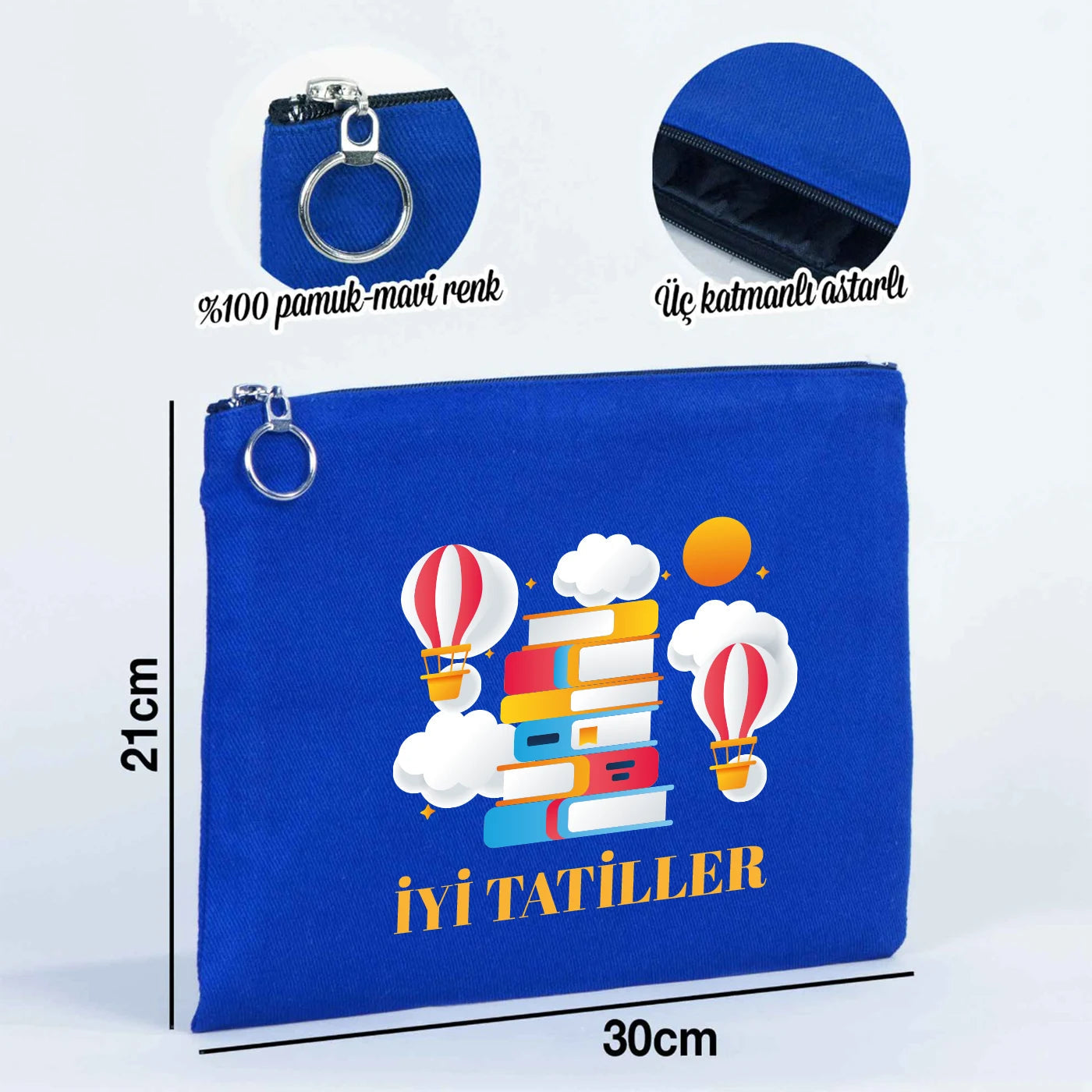 Mavi karne günü temalı portföy çanta, okul figürlü ve özelleştirilebilir karne hediyesi tasarımı