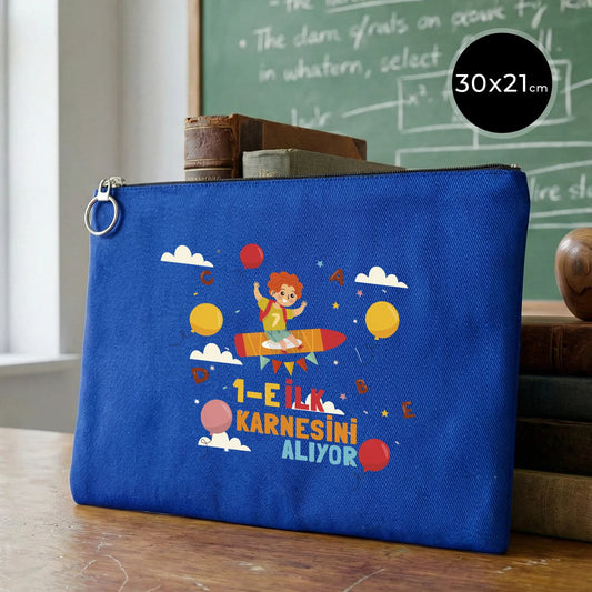 Mavi karne günü temalı portföy çanta, okul figürlü ve özelleştirilebilir karne hediyesi tasarımı