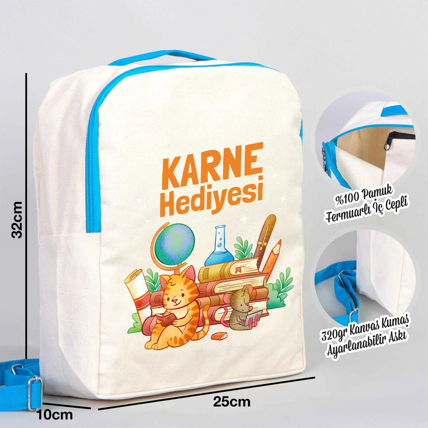 İyi Tatiller baskılı, turkuaz fermuarlı ve turkuaz askılı 25×32×10 cm bez sırt çantası; kitap ve balon desenli okul temalı çanta