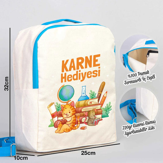 İyi Tatiller baskılı, turkuaz fermuarlı ve turkuaz askılı 25×32×10 cm bez sırt çantası; kitap ve balon desenli okul temalı çanta