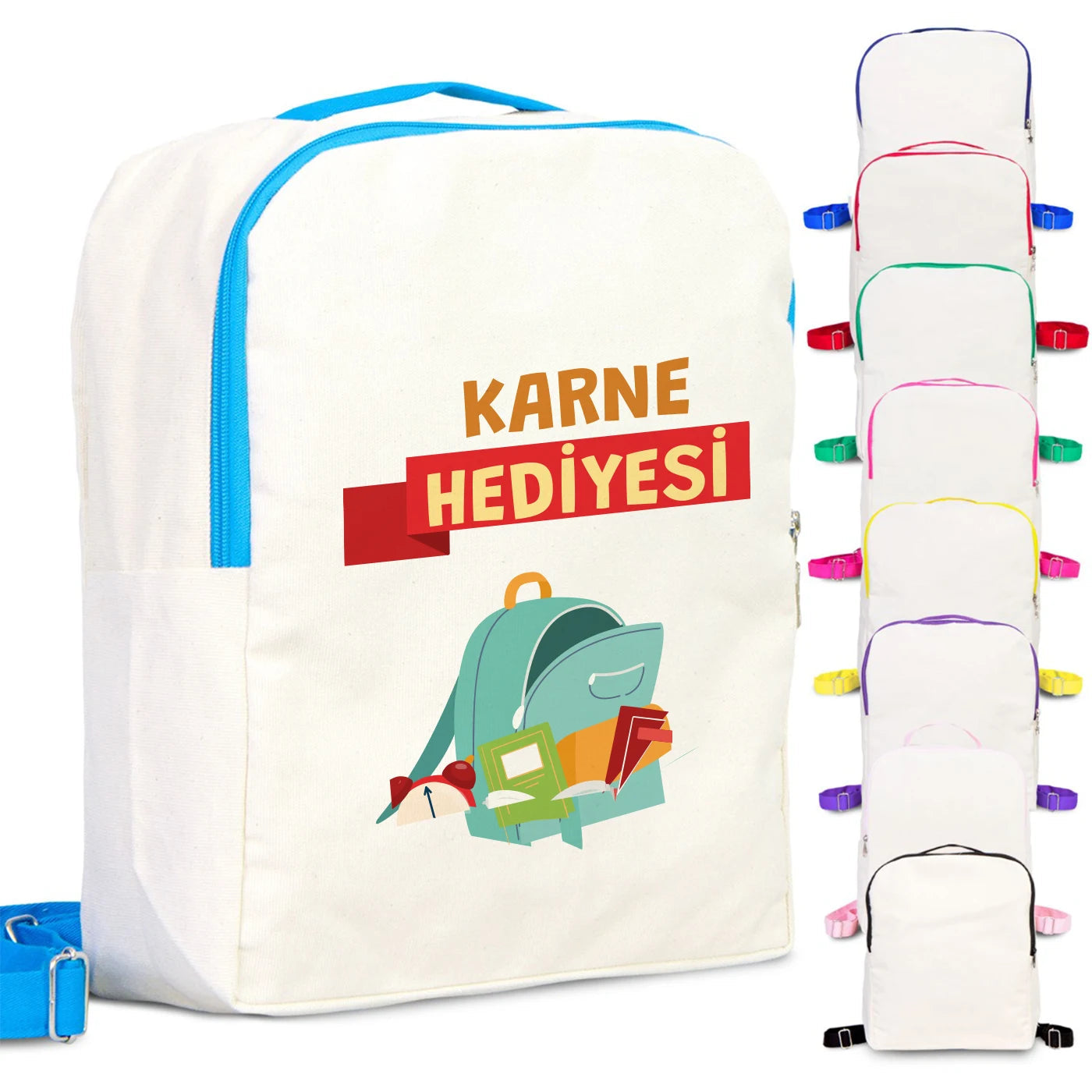 İyi Tatiller baskılı, turkuaz fermuarlı ve turkuaz askılı 25×32×10 cm bez sırt çantası; kitap ve balon desenli okul temalı çanta