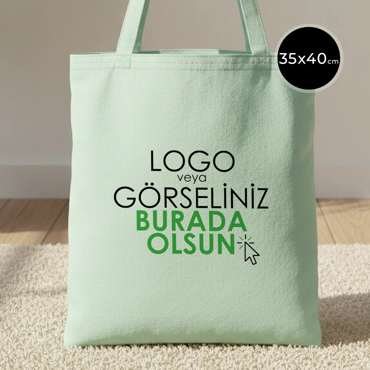 35×40 cm mint renk ham bez tote çanta – dayanıklı pamuk kumaş, baskılı omuz çantası.
