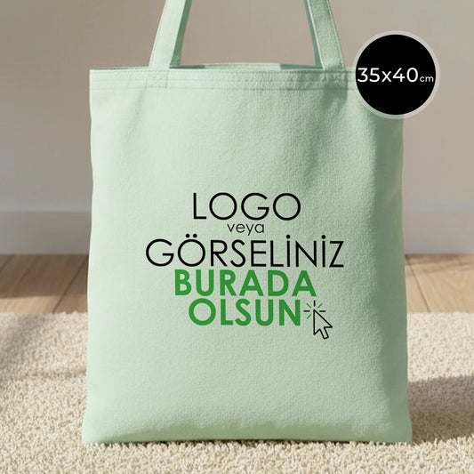 35×40 cm mint renk ham bez tote çanta – dayanıklı pamuk kumaş, baskılı omuz çantası.