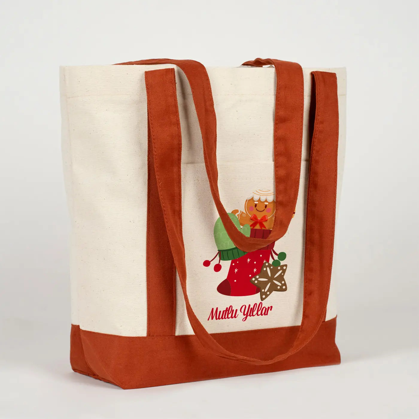 Yılbaşı Özel Trend Kanvas Çanta 40x35x12cm - Kiremit Renkli Kulp (Özelleştirilebilir)