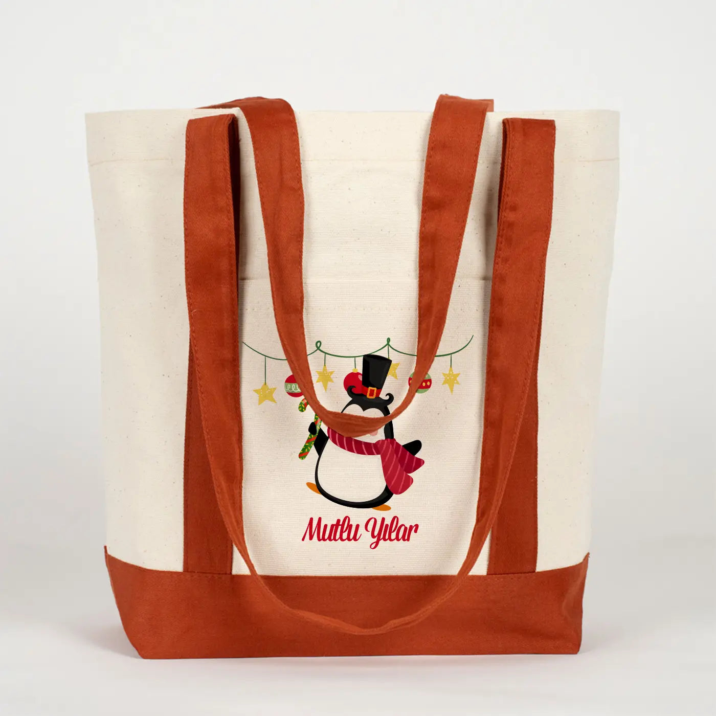 Yılbaşı Özel Trend Kanvas Çanta 40x35x12cm - Kiremit Renkli Kulp (Özelleştirilebilir)