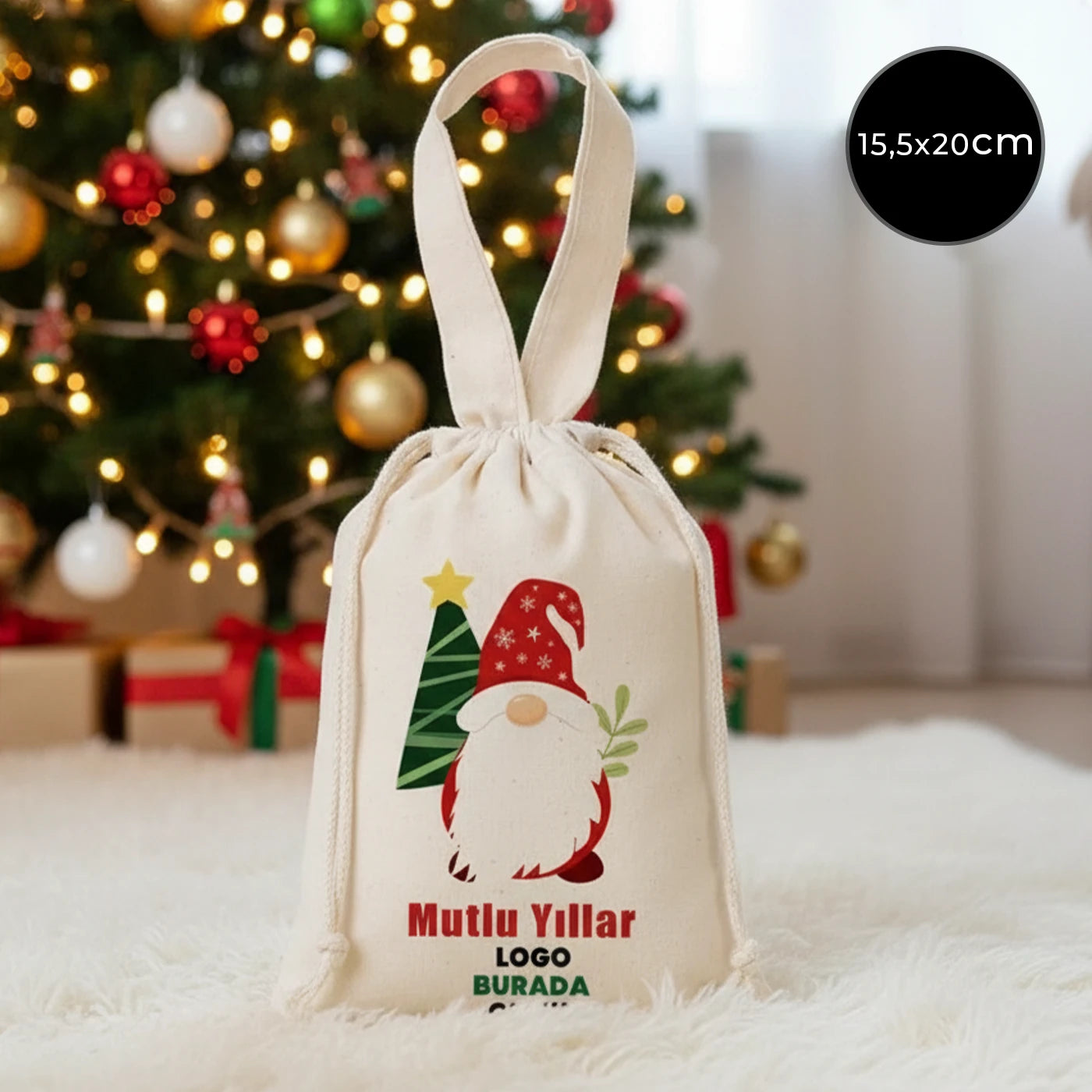Yılbaşı Özel Bez Kese (15,5 x 20 cm) Tek Tutma Kısa Kulp (Özelleştirebilir)