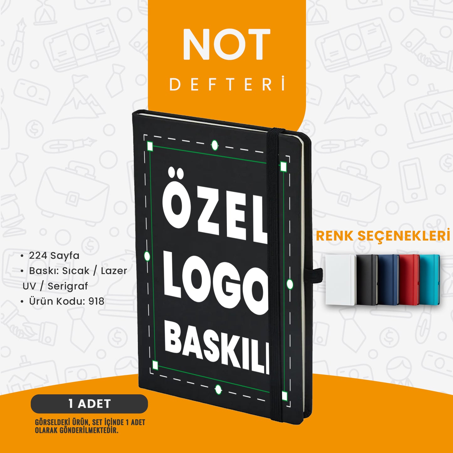 “Kurumlara özel logo baskılı not defteri; elastik kapaklı, 224 sayfalı, sıcak baskı ve lazer baskıya uygun şık promosyon defteri.”