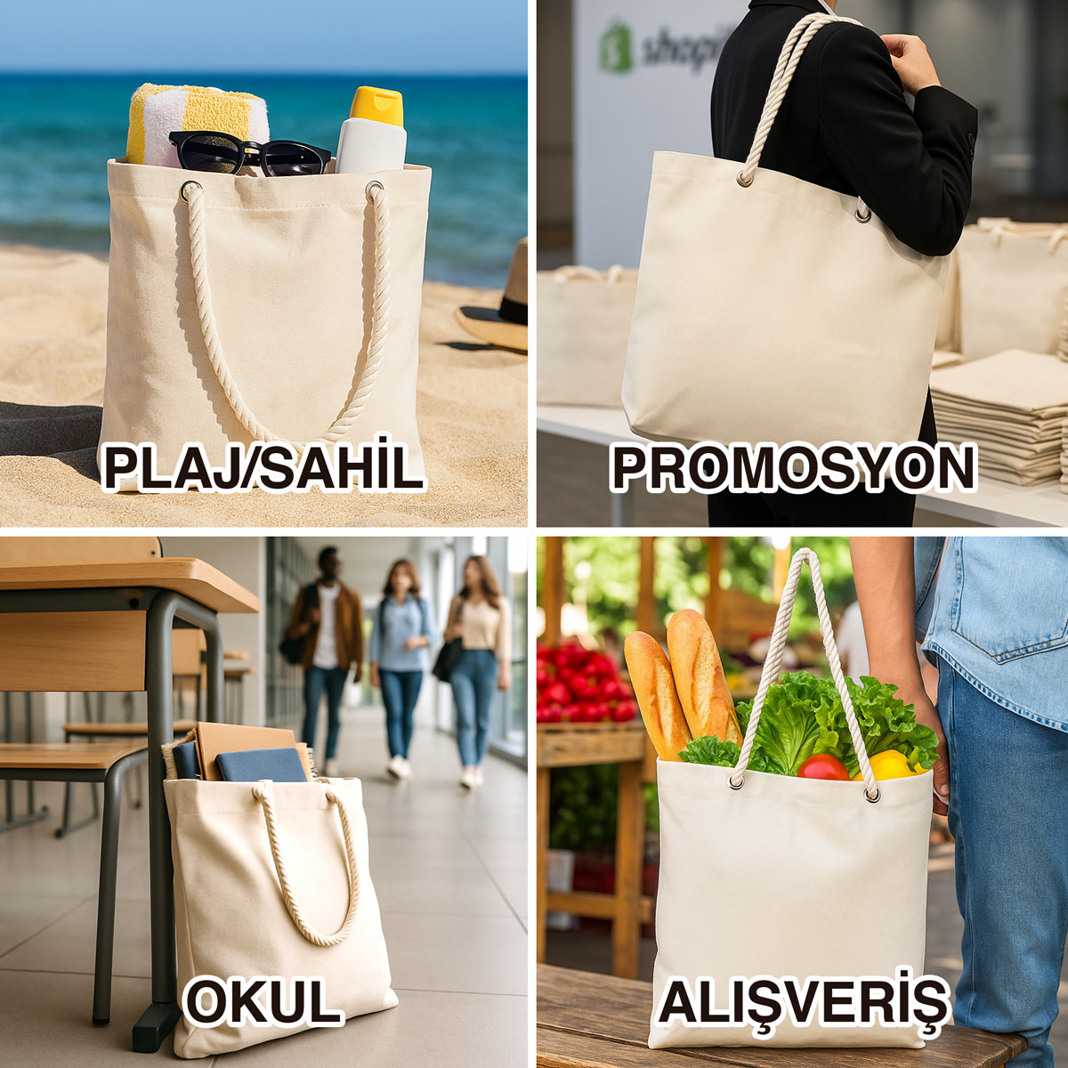 Baskılı Kanvas Plaj Çantası - Halat Kulplu (Özelleştirilebilir)