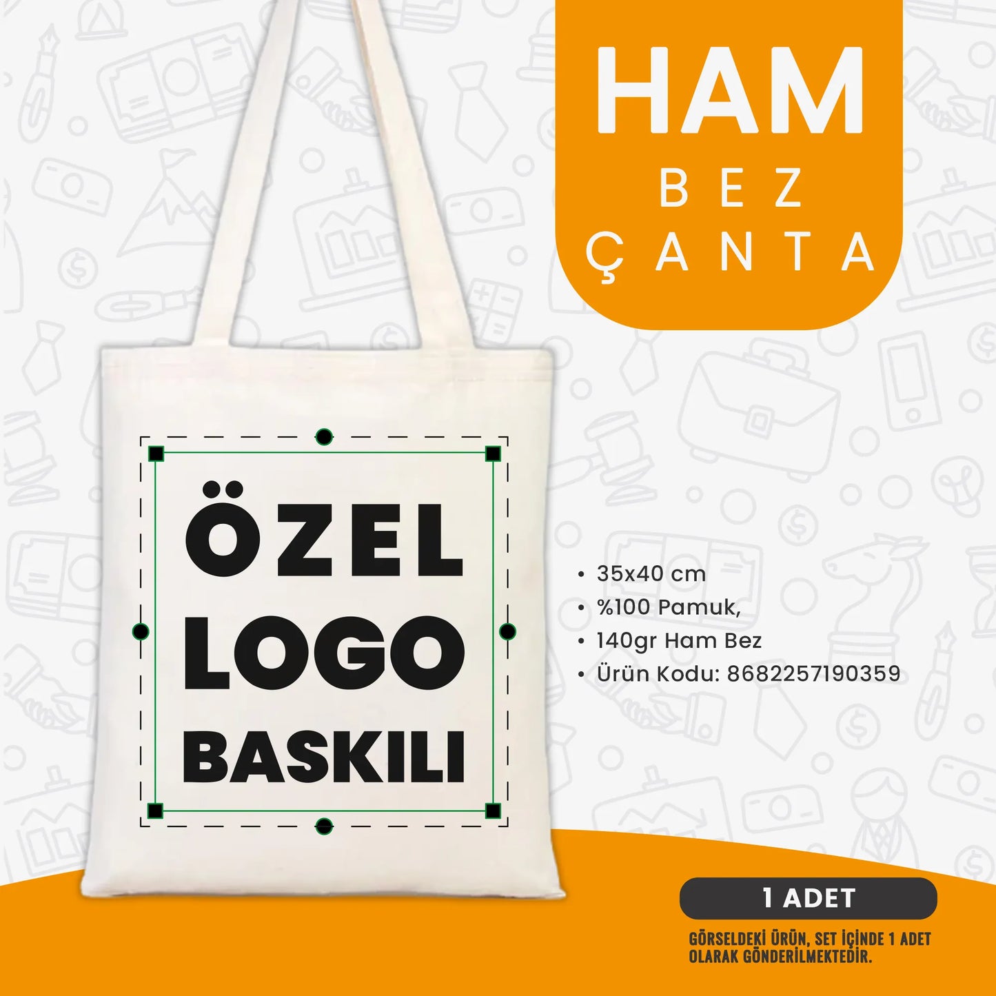 “Özel logo baskılı 35x40 cm ham bez çanta; pamuk kumaşlı, renk seçenekli promosyon tote çanta.”