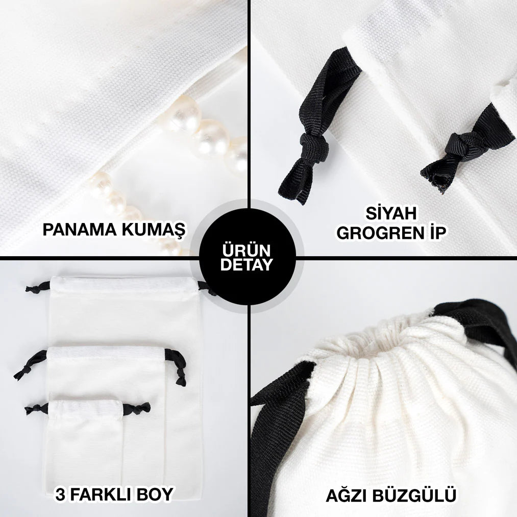 10x13 cm Beyaz Panama Siyah İpli Bez Kese - Kadınlar Günü Hediyesi