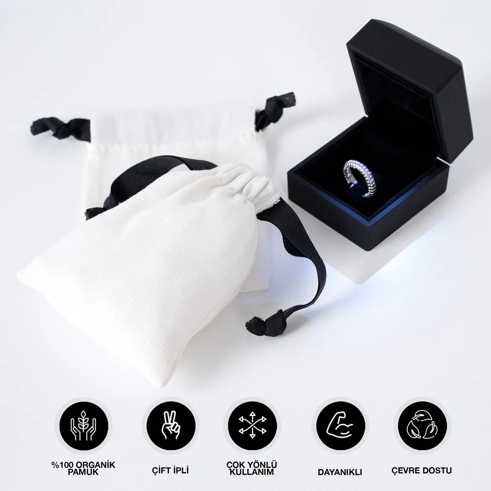 10x13 cm Beyaz Panama Siyah İpli Bez Kese - Kadınlar Günü Hediyesi