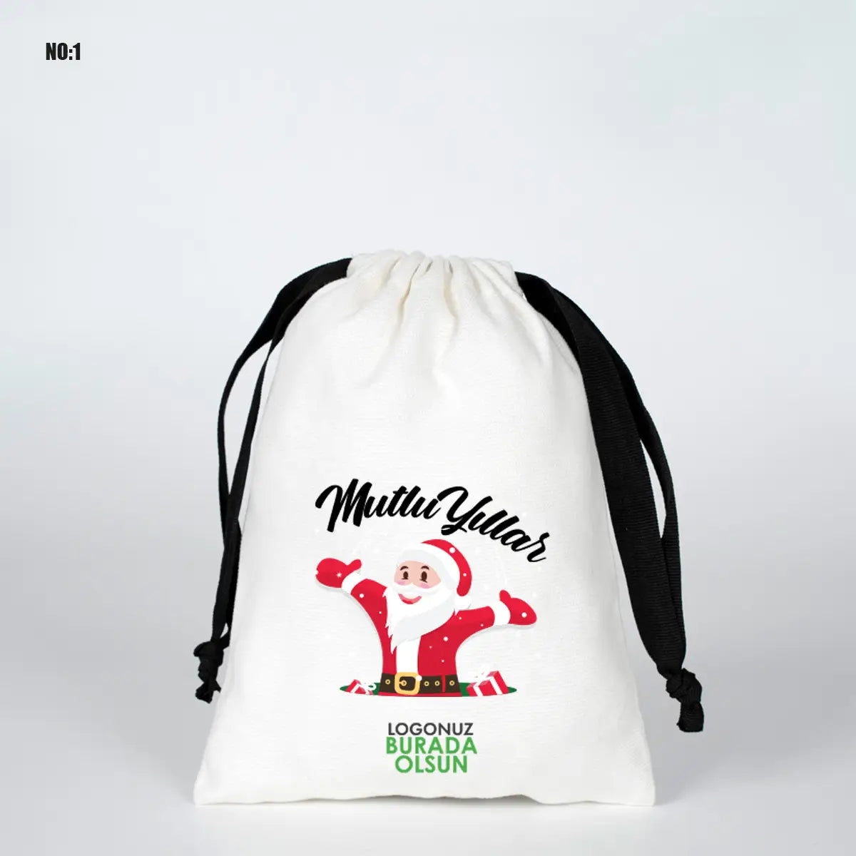 Yılbaşına Özel Siyah İpli Bez Kese - Beyaz Panama Kumaş