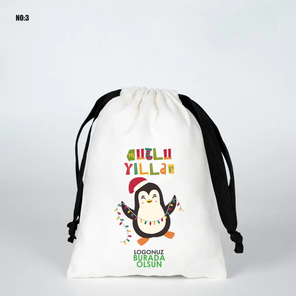 Yılbaşına Özel Siyah İpli Bez Kese - Beyaz Panama Kumaş