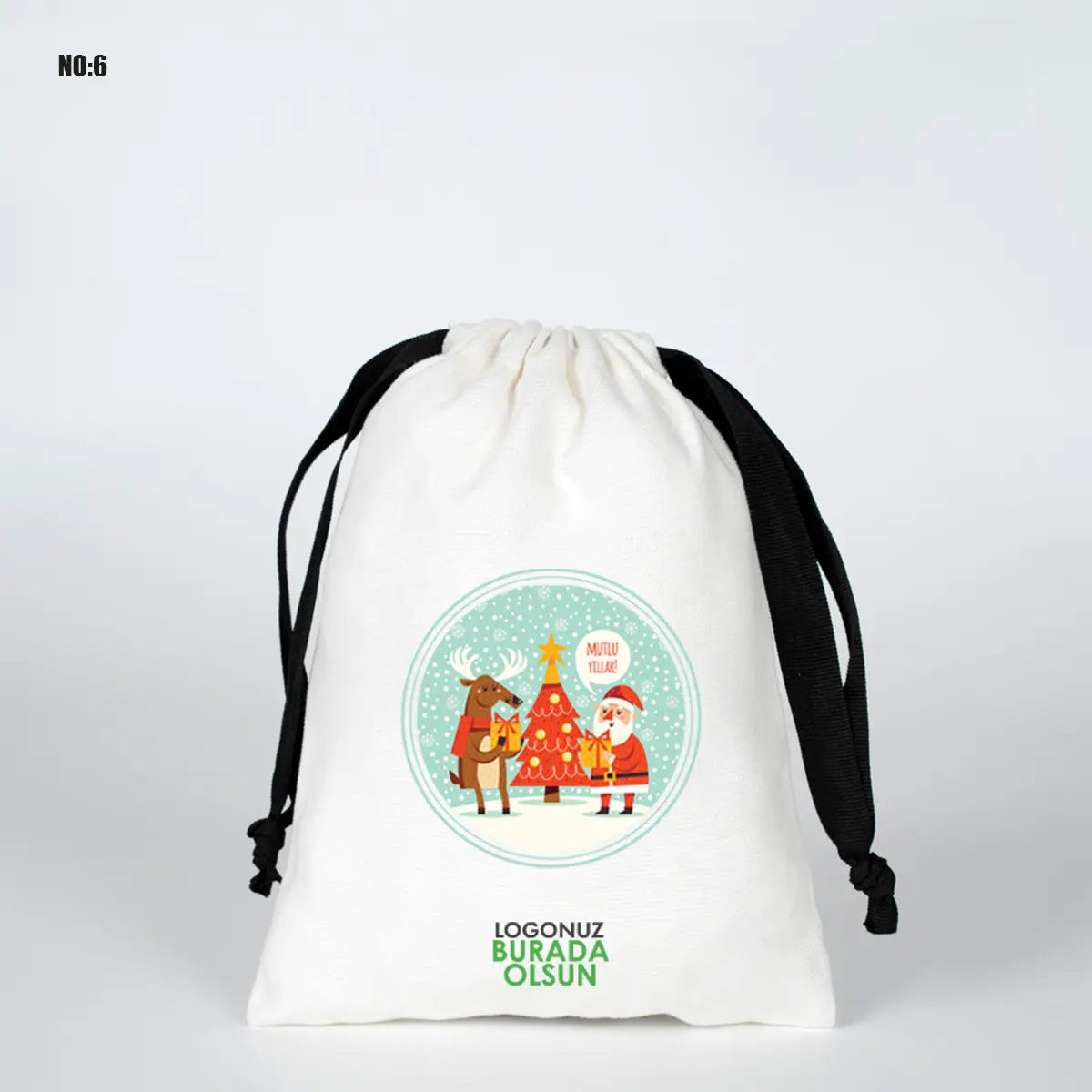 Yılbaşına Özel Siyah İpli Bez Kese - Beyaz Panama Kumaş