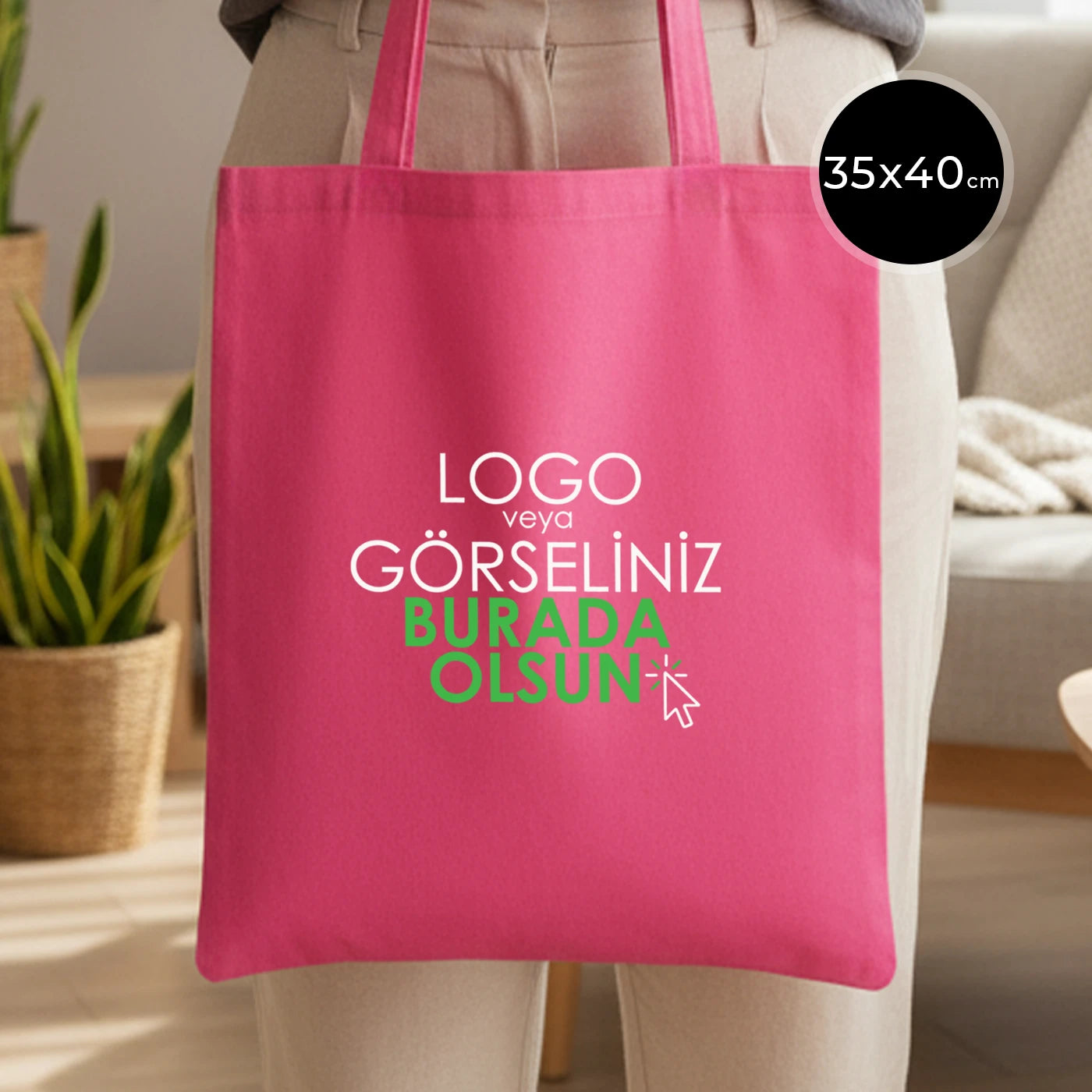 35×40 cm  pamuklu pembe çanta – dayanıklı ham bez, baskılı omuz çantası