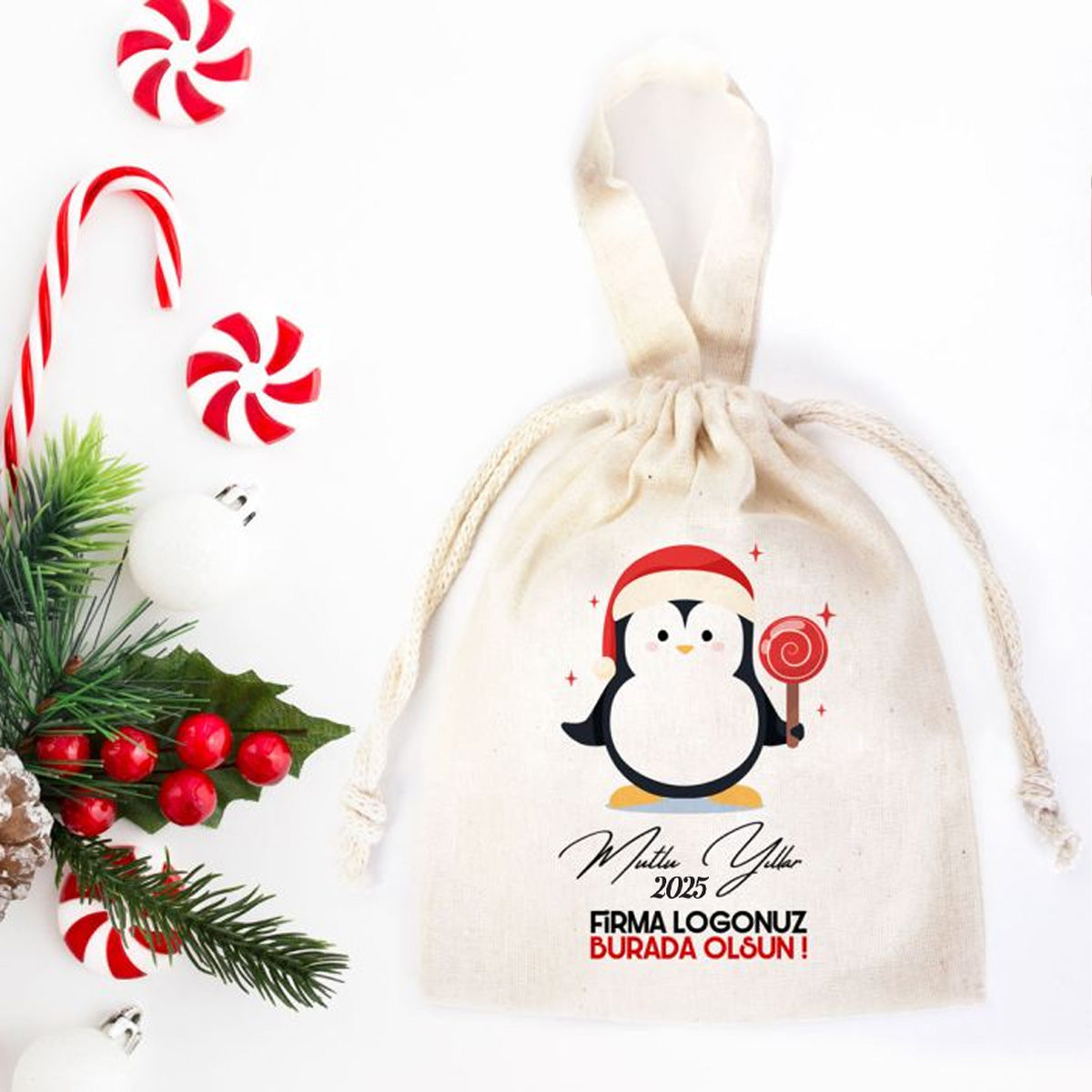 Yılbaşı Temalı Penguen Baskılı Bez Kese - 15,5x20 cm Tek Tutma Kısa Kulp (Özelleştirilebilir) - istecanta.com