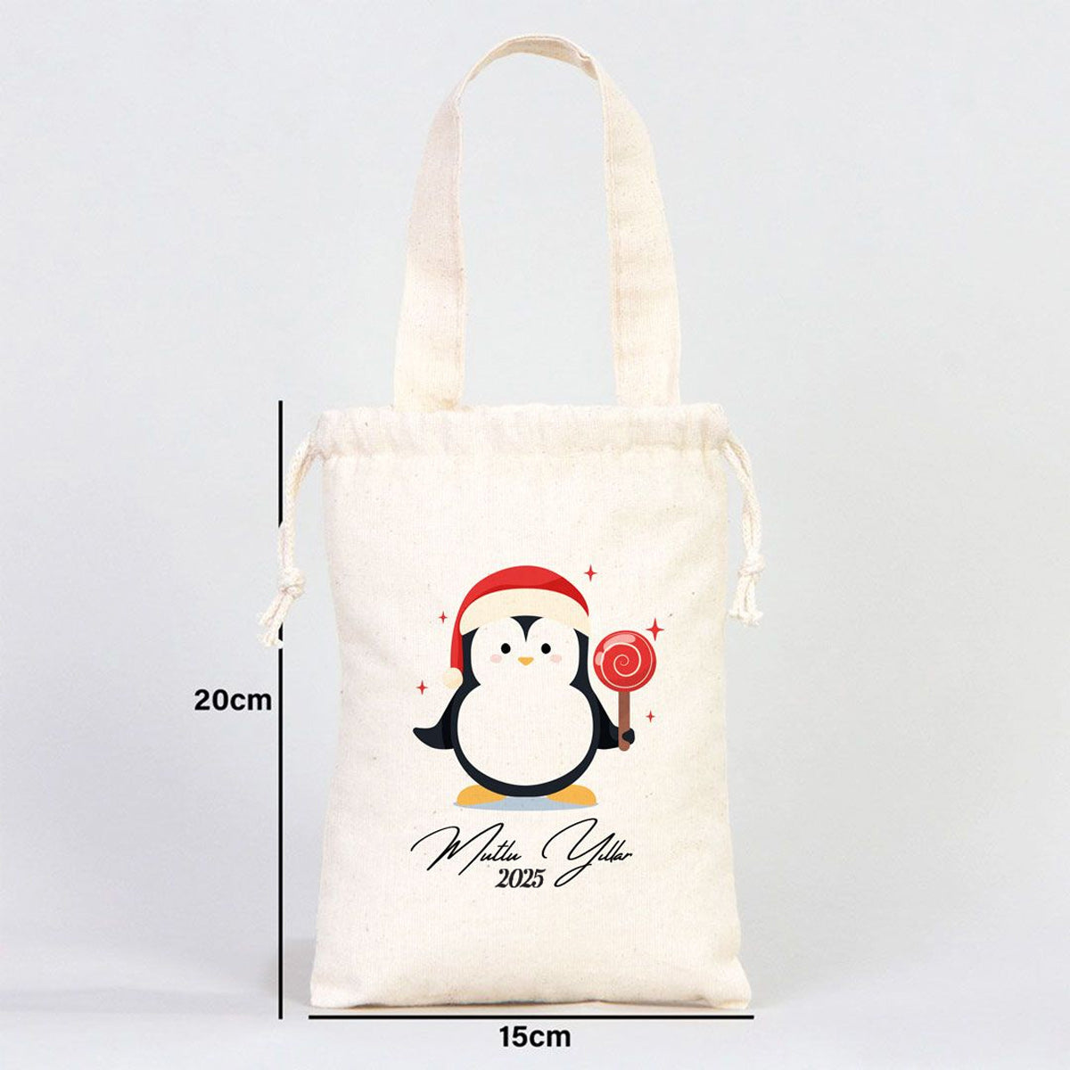 Yılbaşı Temalı Penguen Baskılı Bez Kese - 15,5x20 cm Tek Tutma Kısa Kulp (Özelleştirilebilir) - istecanta.com