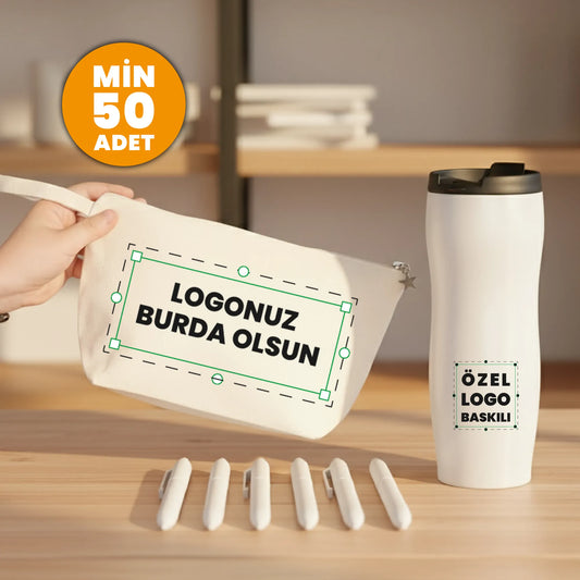 Özel logo baskılı promosyon seti – kanvas clutch çanta, çelik termos ve plastik tükenmez kalem.