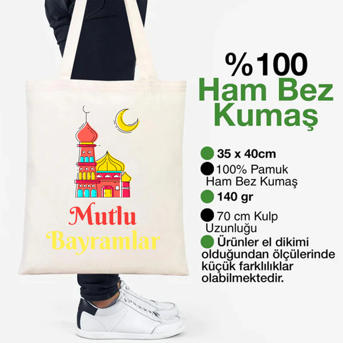 35x40 cm %100 pamuk 140 gr ham bez Ramazan temalı tote çanta, 70 cm kulplu, elde dikilmiş.