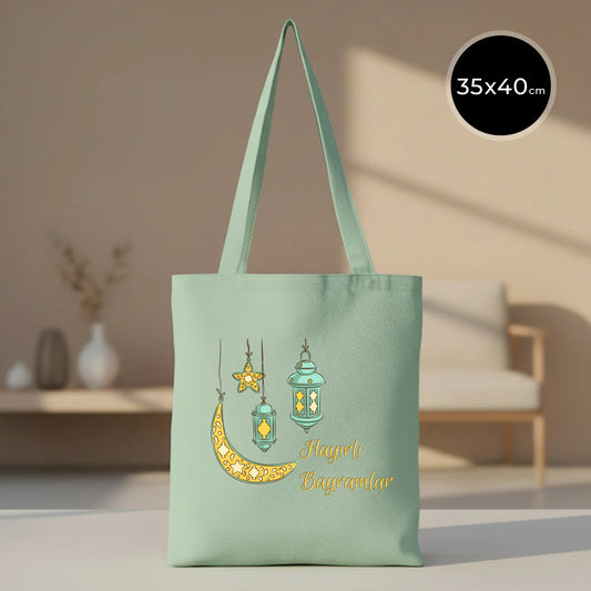 35x40 cm Mint Yeşili Gabardin Bez Çanta - Bayram Çantası