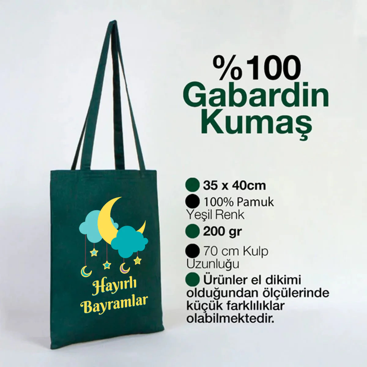 35x40 cm Yeşil Renk Gabardin Bez Model - Bayram Çantası - detay görünüm