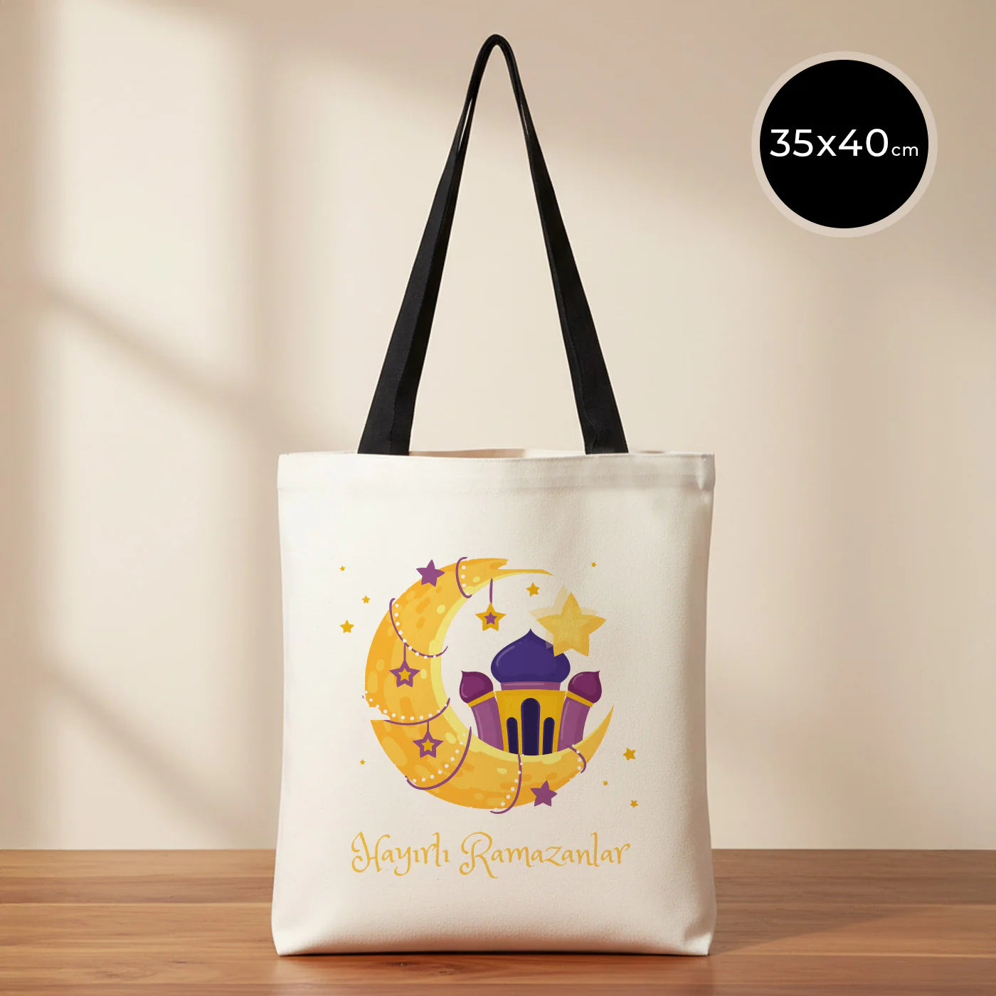 35x40 cm Siyah Kulp İç Cepli Kanvas Bez Çanta - Bayram Çantası