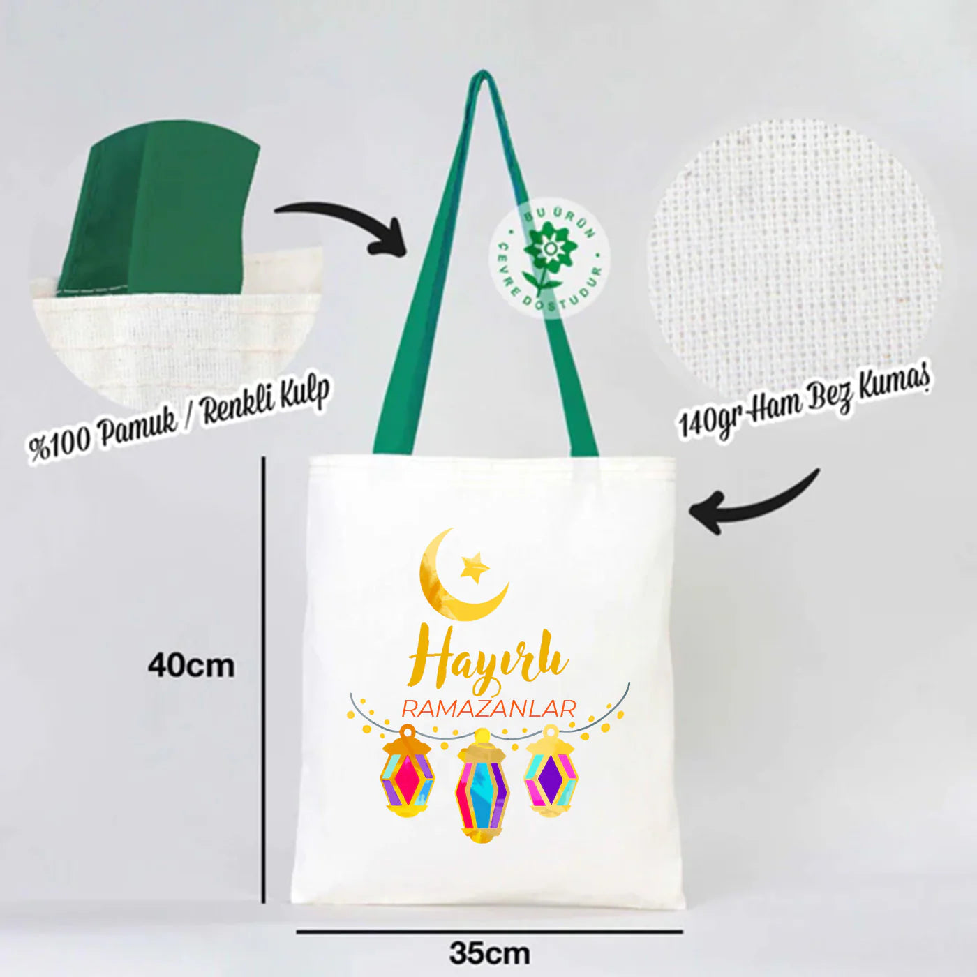 35x40 cm Yeşil Kulp Ham Bez Çanta Baskılı - Bayram Çantası