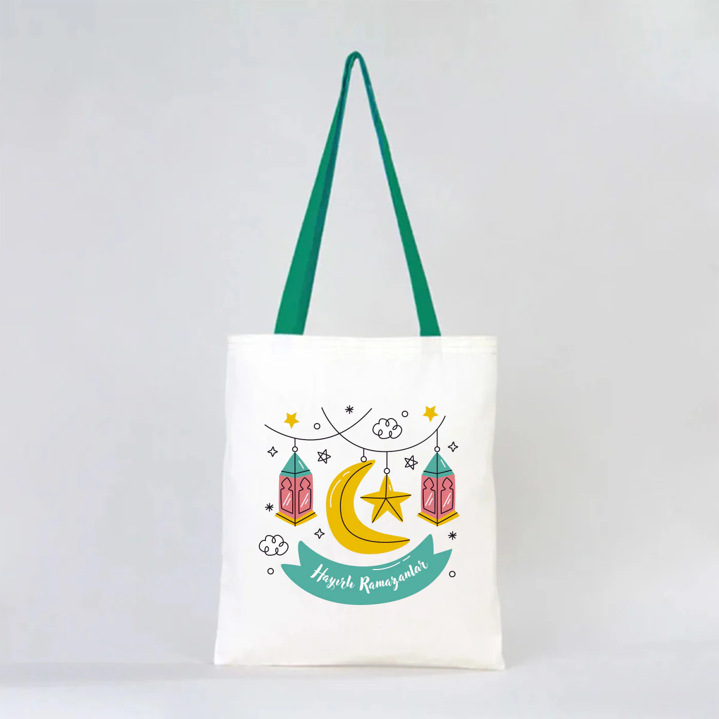 35x40 cm Yeşil Kulp Ham Bez Çanta Baskılı - Bayram Çantası